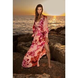 HEMANT AND NANDITA Dali Kaftan Dress Sateen Ruffle Trim Floral Pink Medium NEW